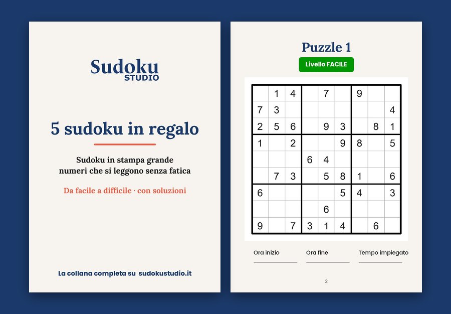 Sudoku da stampare gratis in PDF: la copertina dei 5 sudoku in regalo e il puzzle numero 1